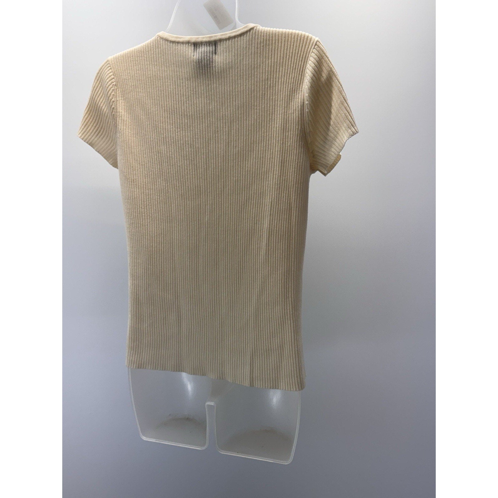 R.Q.T Women Top Size M Tan Brown Short Sleeve Silky Medal Collar Trim Stretch