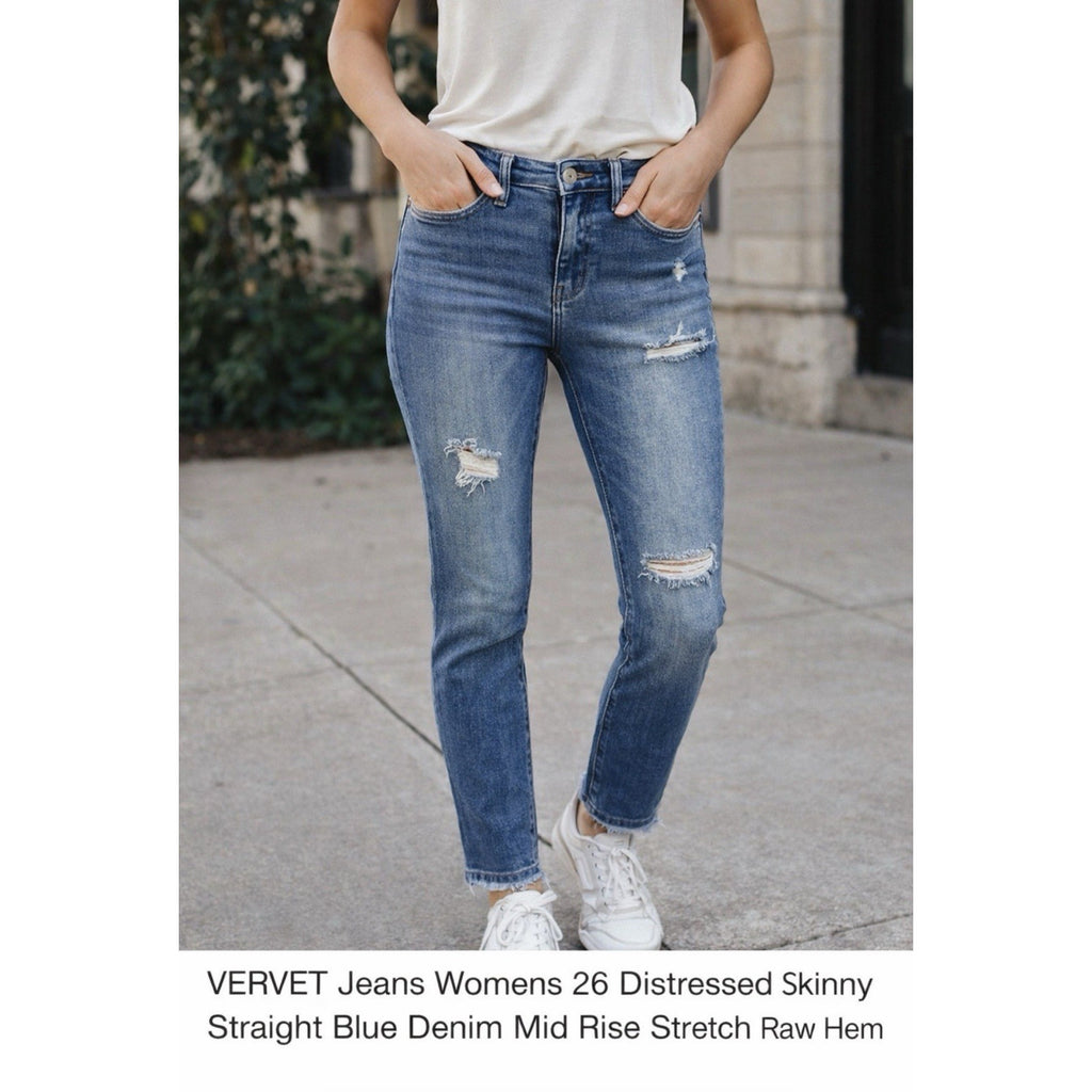 VERVET Jeans Womens 26 Distressed Skinny Straight Blue Denim Mid Rise Stretch