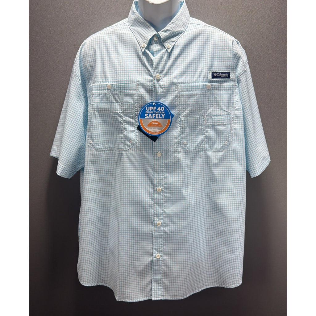 Columbia Mens XL PFG Super Tamiami S. Sleeve White Blue Plaid Button Shirt NWT