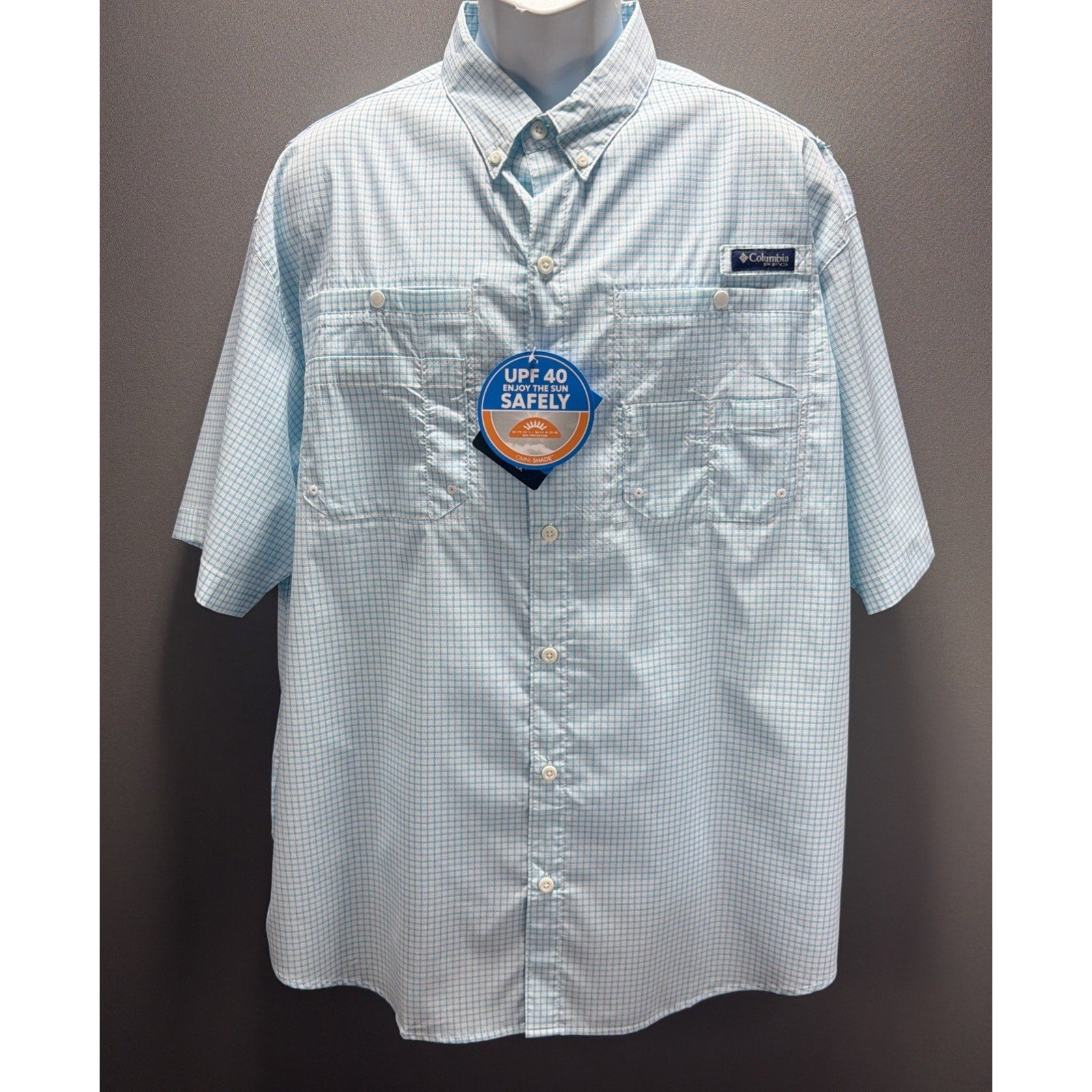 Columbia Mens XL PFG Super Tamiami S. Sleeve White Blue Plaid Button Shirt NWT