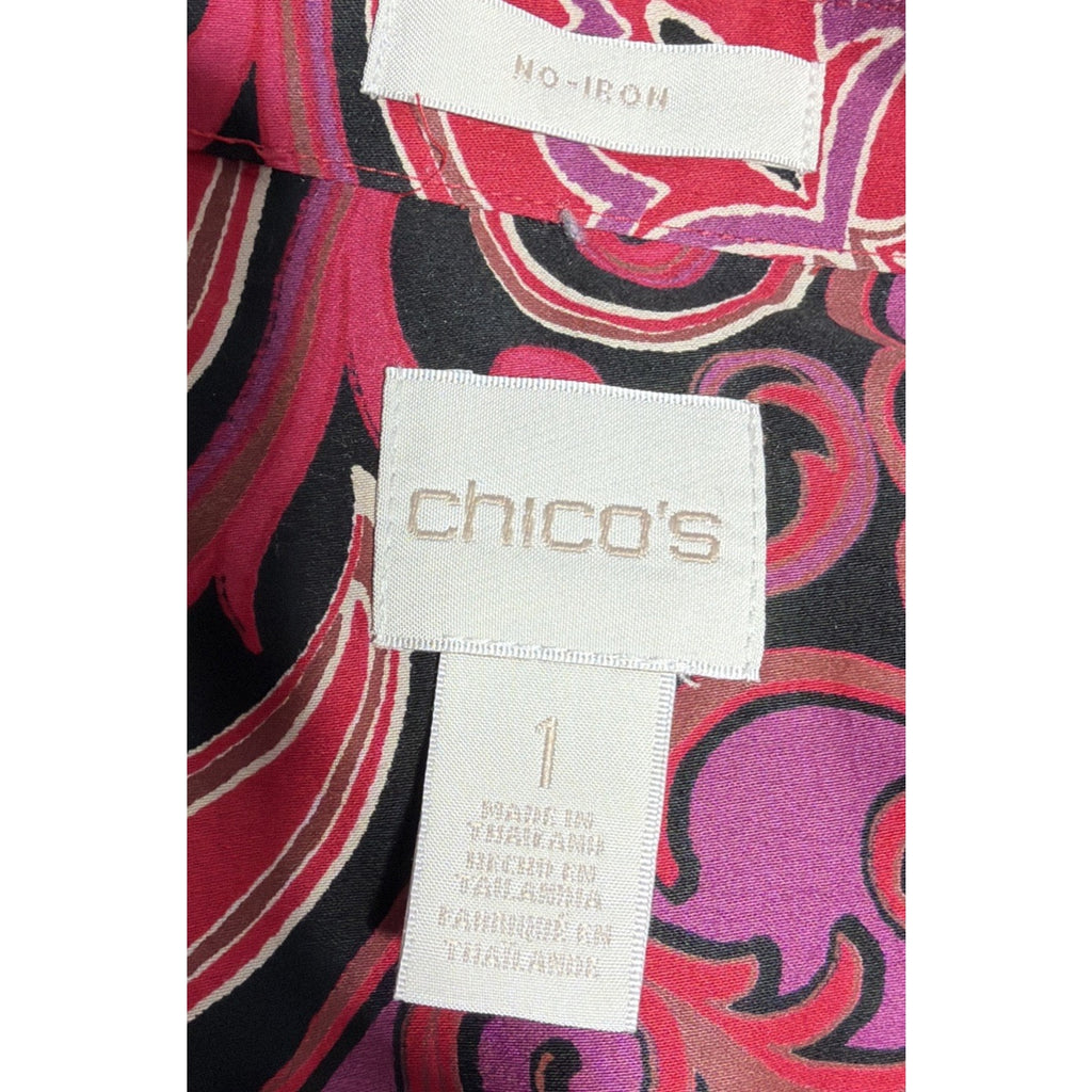 Chicos Red Paisley No Iron Long Sleeve Button Up Tunic Women’s Size 1 Medium