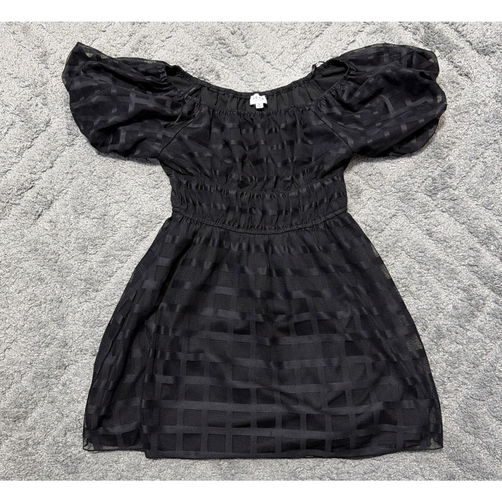 Le Lis Collection Black Babydoll Dress M Puff Sleeve Square Neck Sheer Overlay