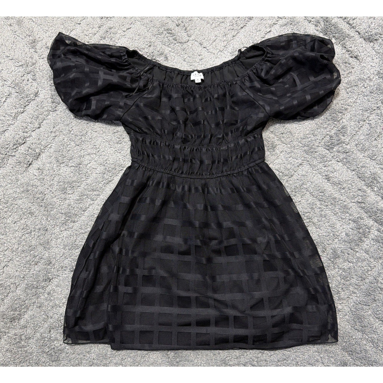 Le Lis Collection Black Babydoll Dress M Puff Sleeve Square Neck Sheer Overlay