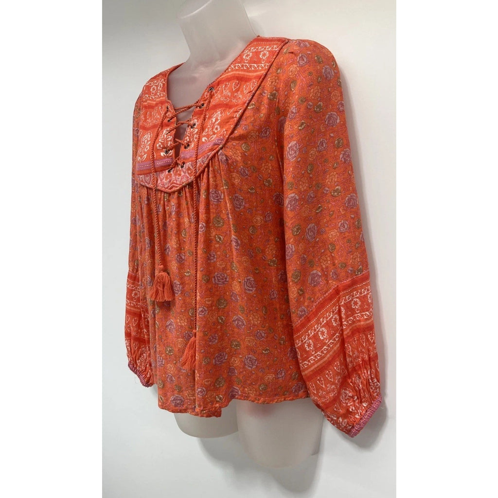 Lucky Brand Floral Lace Up Multi Long Sleeve Peasant Top Blouse Sz S