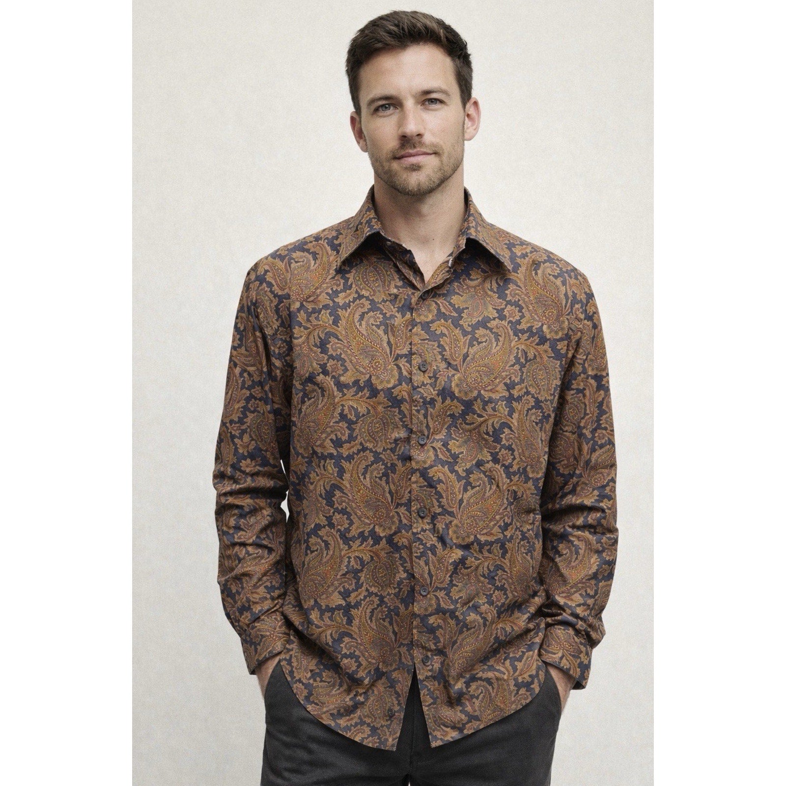 Tommy Hilfiger Men's Long Sleeve Paisley Cotton Shirt Brown Multi Color Size L