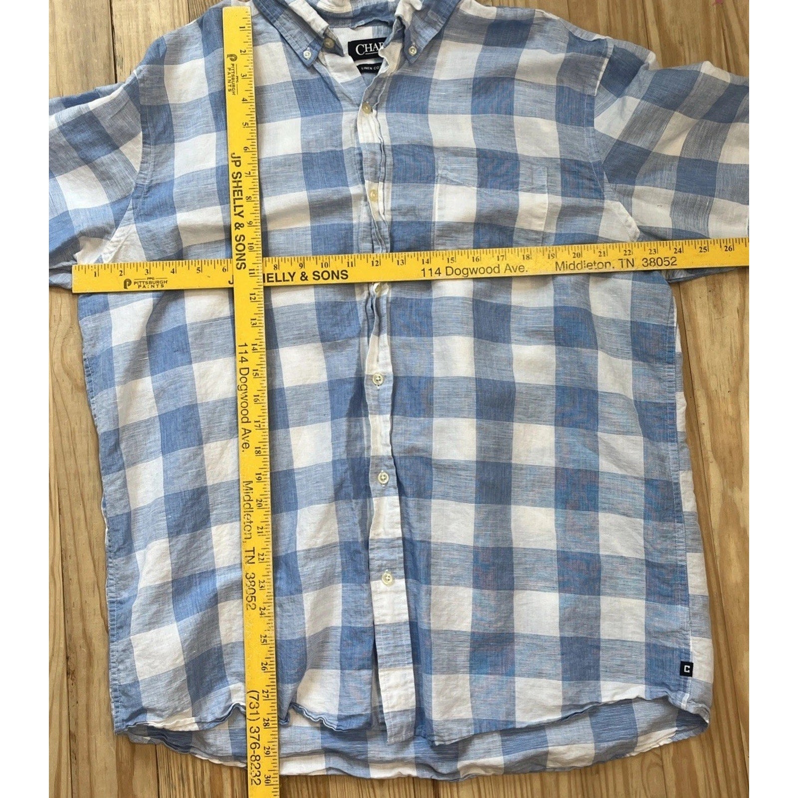 Chaps Shirt Mens Size XL LINEN Button Front Blue White Buffalo Plaid Casual