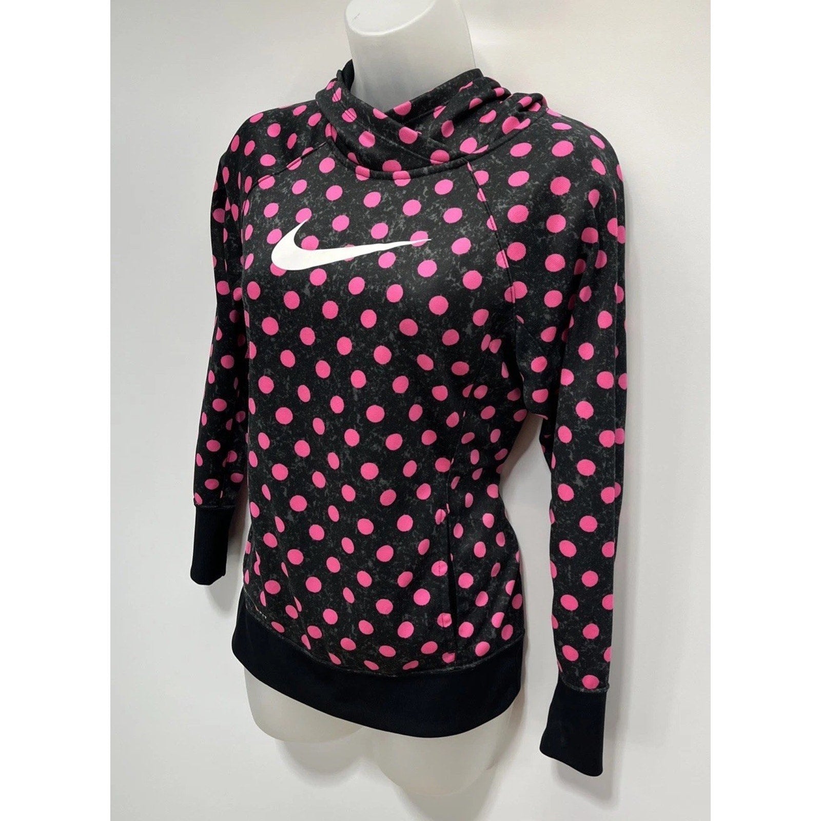 Nike Girls Pink Polka dot Pullover Hoodie XL kids Therma fit swoosh logo