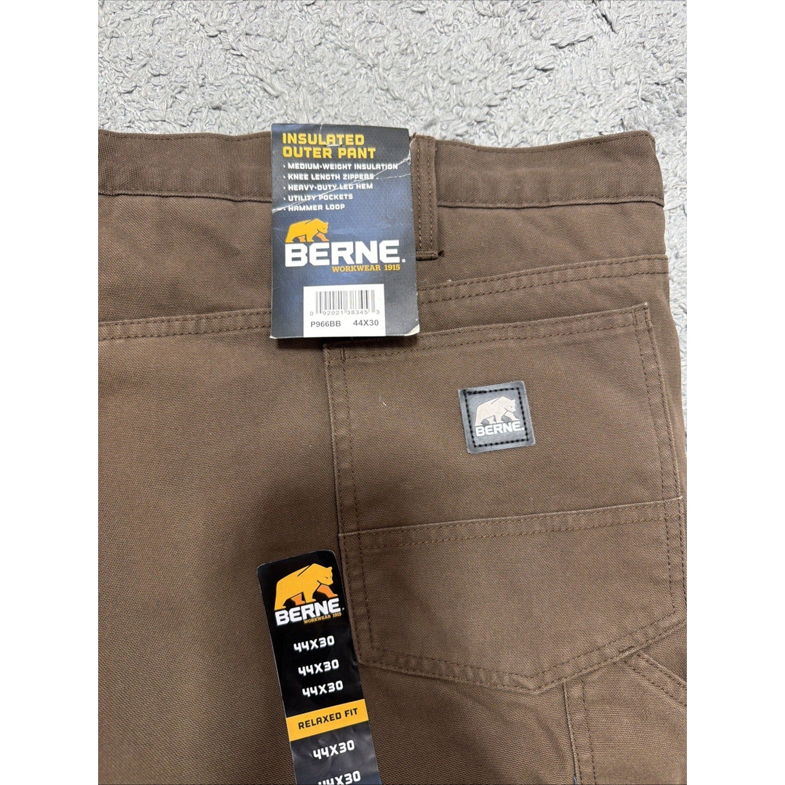 Berne- Highland Washed Duck Insulated Outer Lined Men's Pant 44x30 Brown NWT