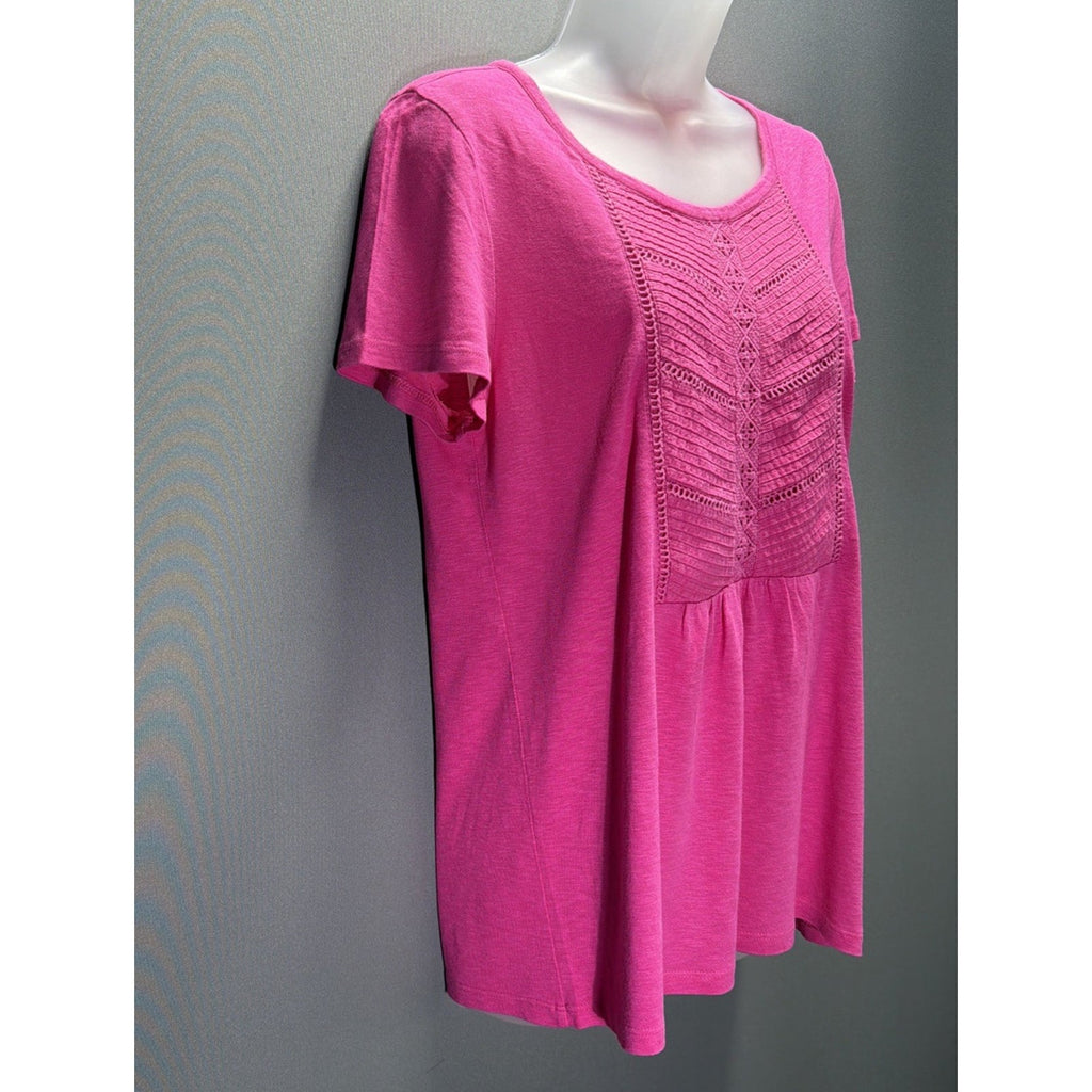 Talbots T-Shirt Top Womens Size Small Pink Crochet Round Neck Sleeve Cotton Knit