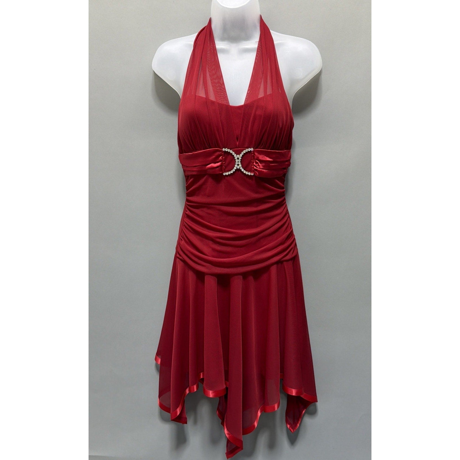 Y2K Taboo Asymmetrical Hem Midi Dress VTG 2000s Red /Slinky/Rhinestones Buckle M