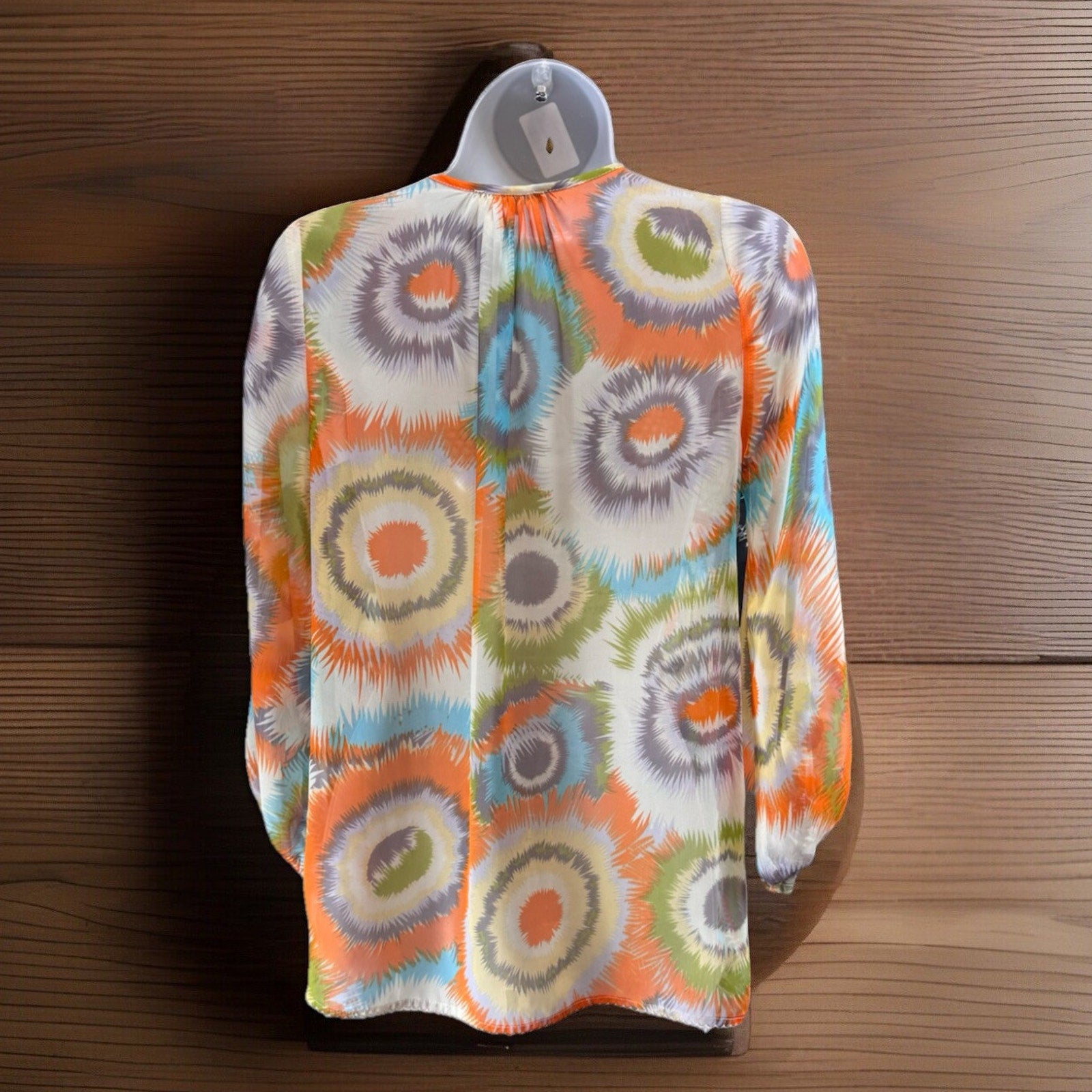 Mystree women S sheer blouse multicolor Tie Dye print scoop neck ties 3/4 sleeve