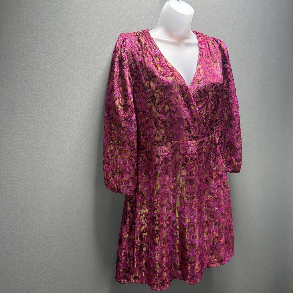 NWT LOFT $120 Shimmer Floral Velvet Wrap Dress Puff V-Neck Pink Purple Size 2