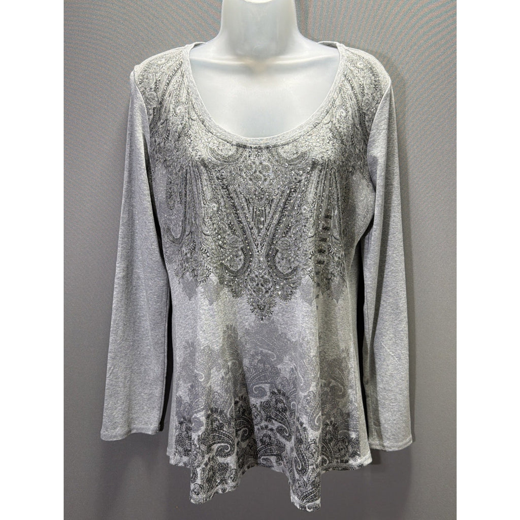 RXB Women's LS Pullover Top Gray w/Lace & Rhinestones Paisley Design Size L NWT