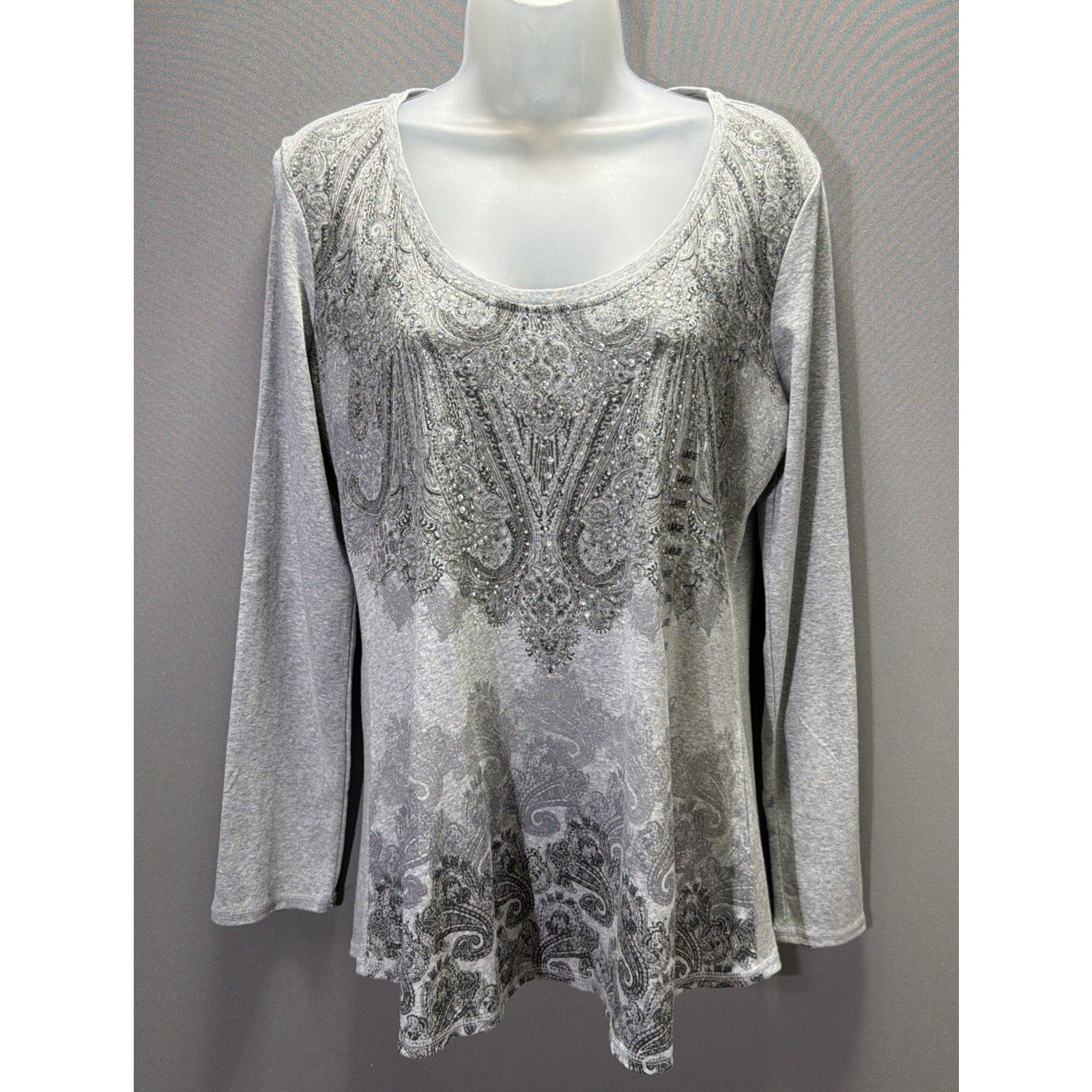 RXB Women's LS Pullover Top Gray w/Lace & Rhinestones Paisley Design Size L NWT
