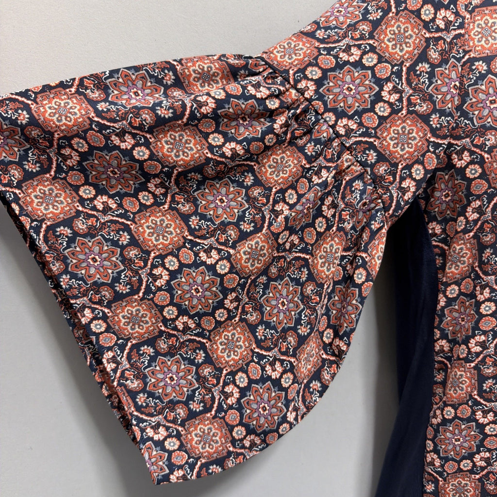 Loft Blouse Top Size XXS Pet Womans Navy Blue Brown Floral Print 3/4 Bell Sleeve