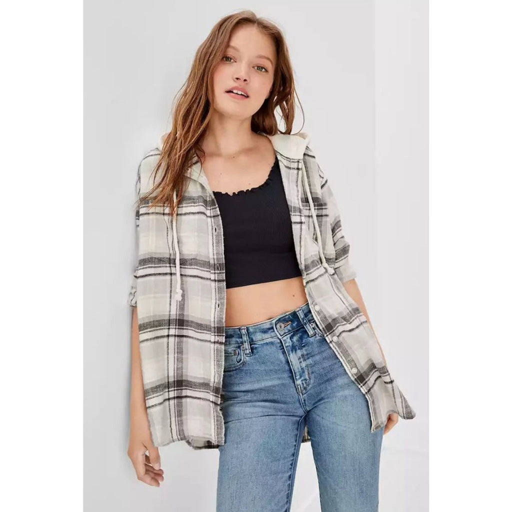 American Eagle Women's Hooded Plaid Button Up Shirt Cream Grey Medium