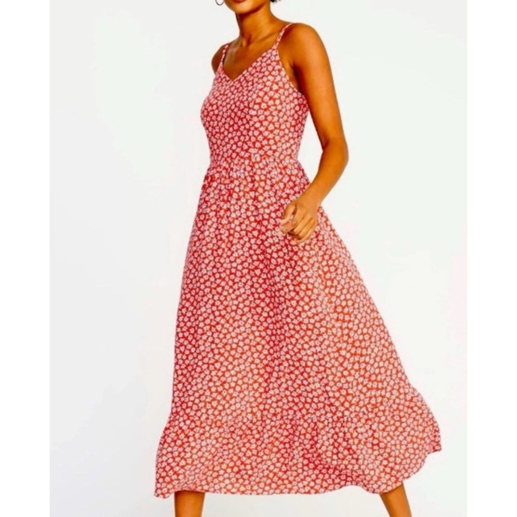 Old Navy Women's Red White Floral Print Fit Flare Midi Sundress Size S NEW