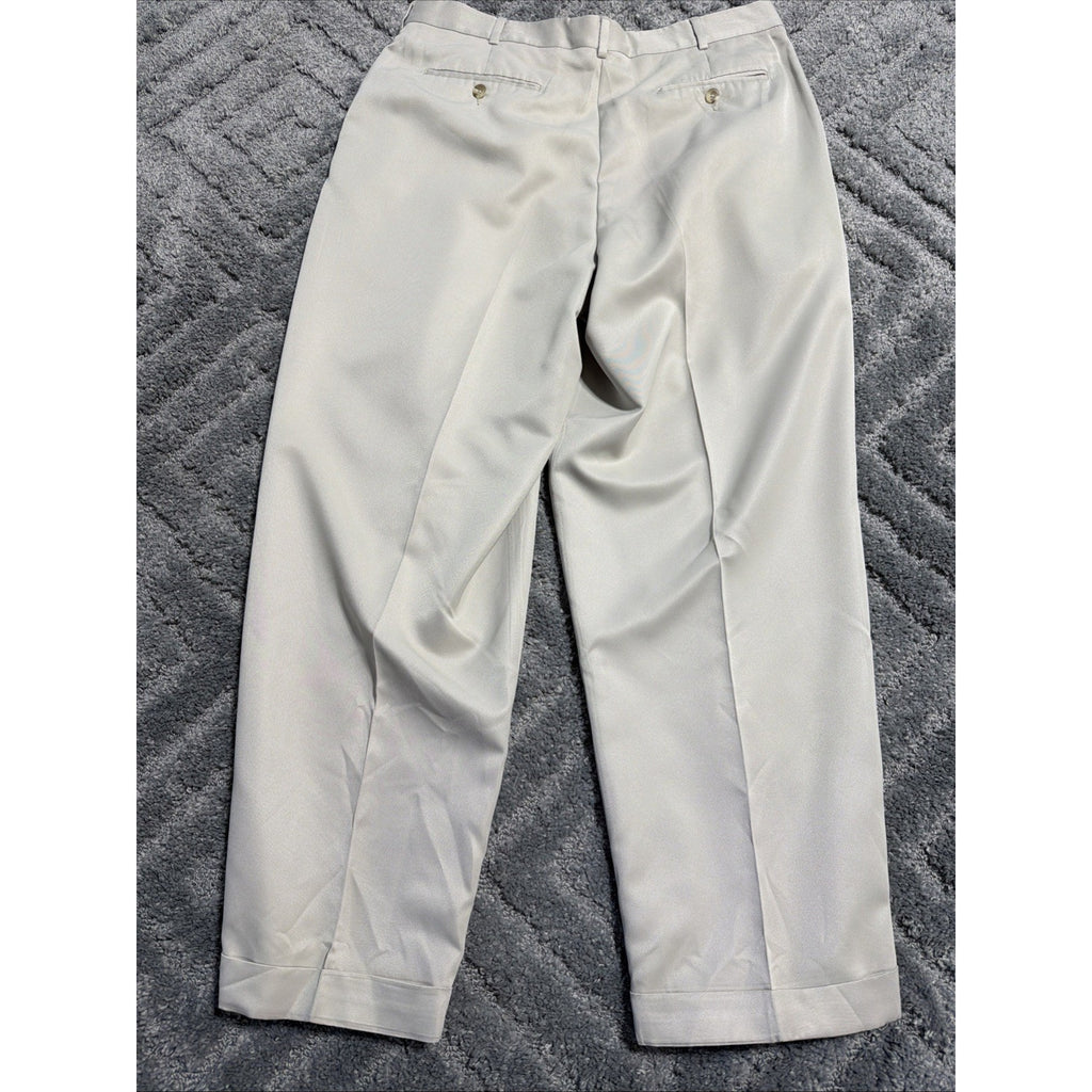 Perry Ellis Portfolio Pleated Front Dress Pant Size 36x30 Cuffed Beige Polyester