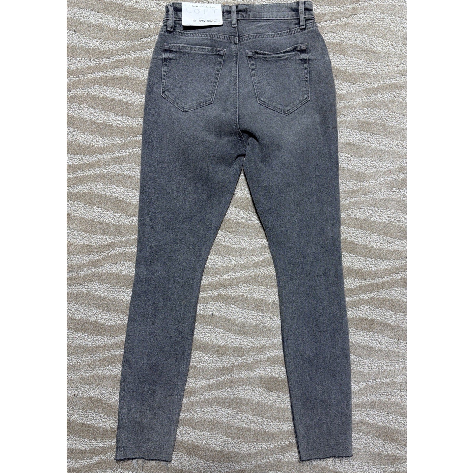 New LOFT High Waist Skinny Ankle Raw Hem Jeans Grey Stretch Sz O Petite 25x26