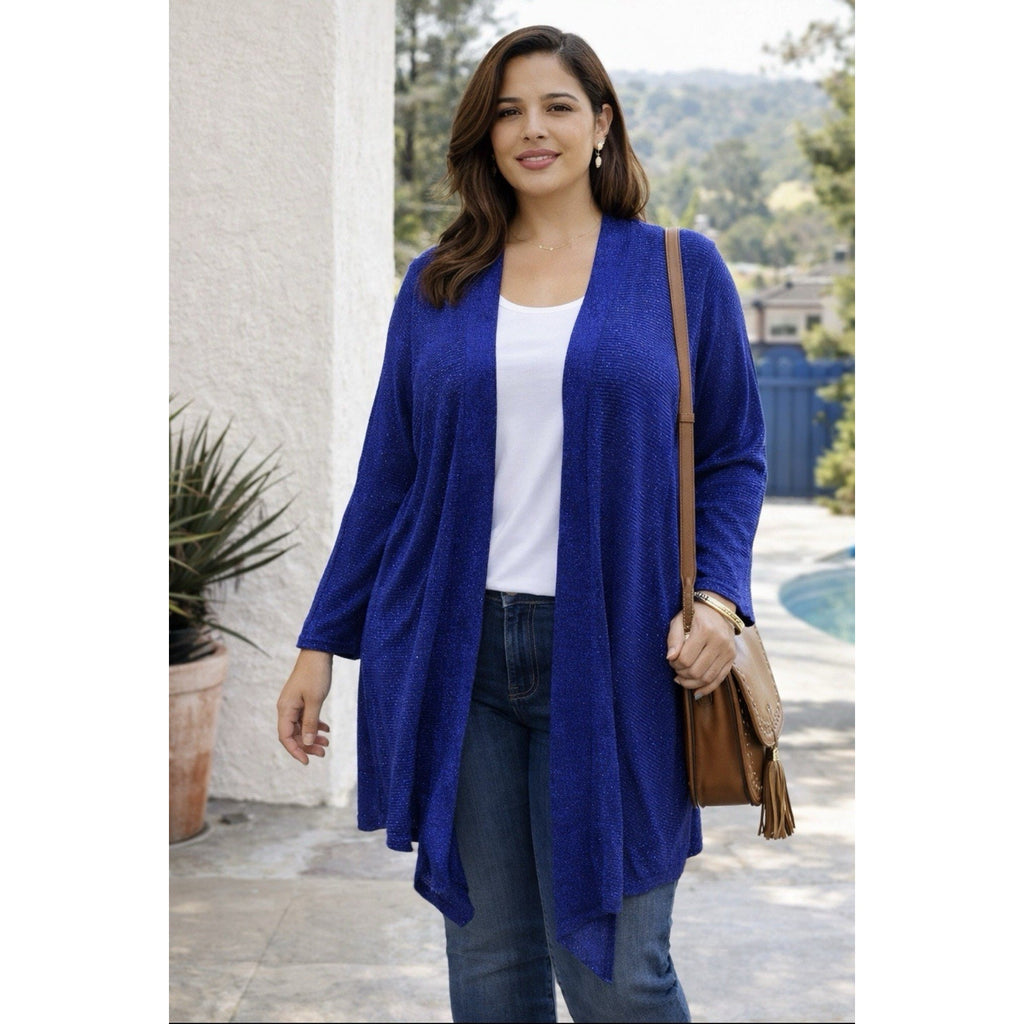 Catherines 2X 22/24W Blue Metallic Open Front Cardigan Lightweight Drape Travel