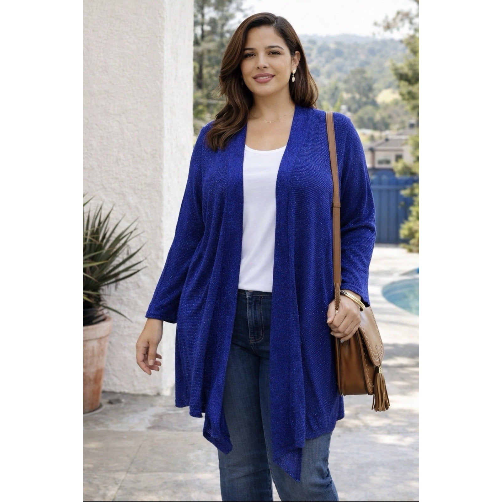Catherines 2X 22/24W Blue Metallic Open Front Cardigan Lightweight Drape Travel
