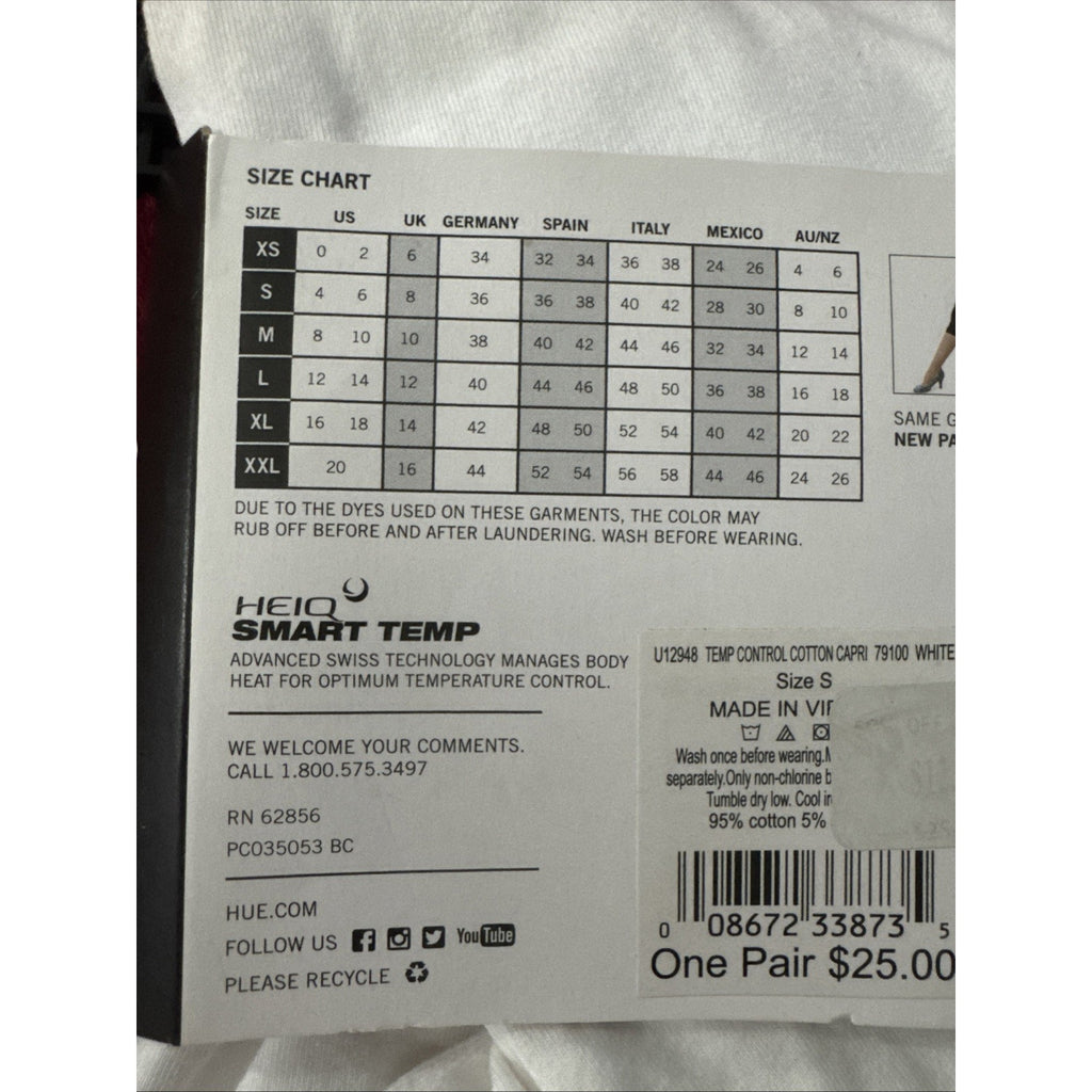 HUE White Ultra Temp Control Cotton Capri Leggings S Small U12948 Stretch Waist