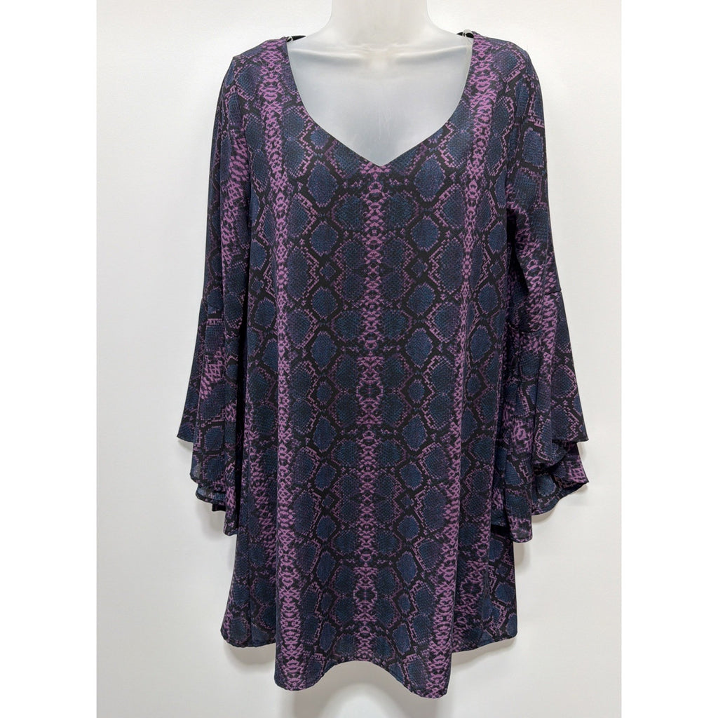 Peach love Purple Snakeskin Print dress Long Sleeves V-neck lined Dress Size S