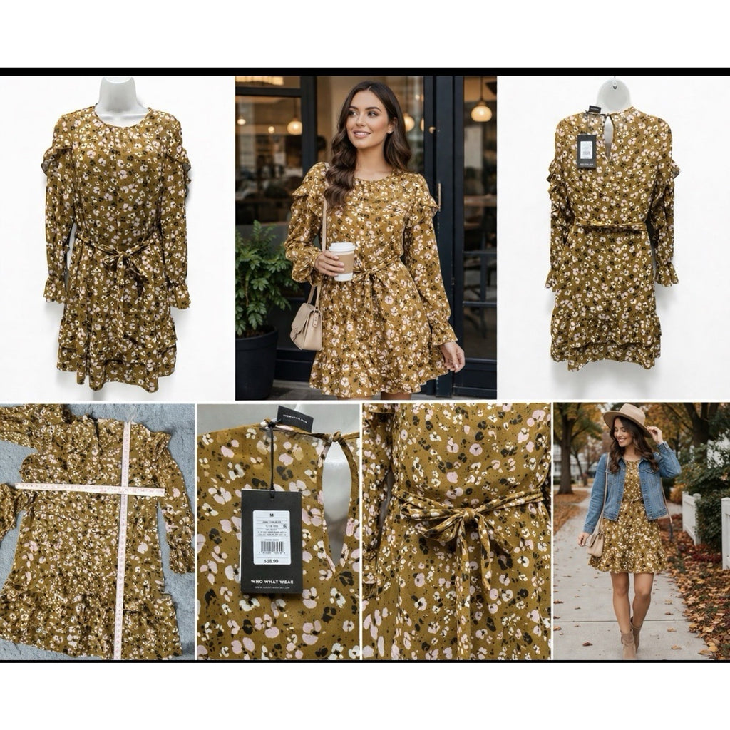 NWT Who What Wear Dress M Mustard Floral Ruffle Long Sleeve Tie Waist Boho Mini