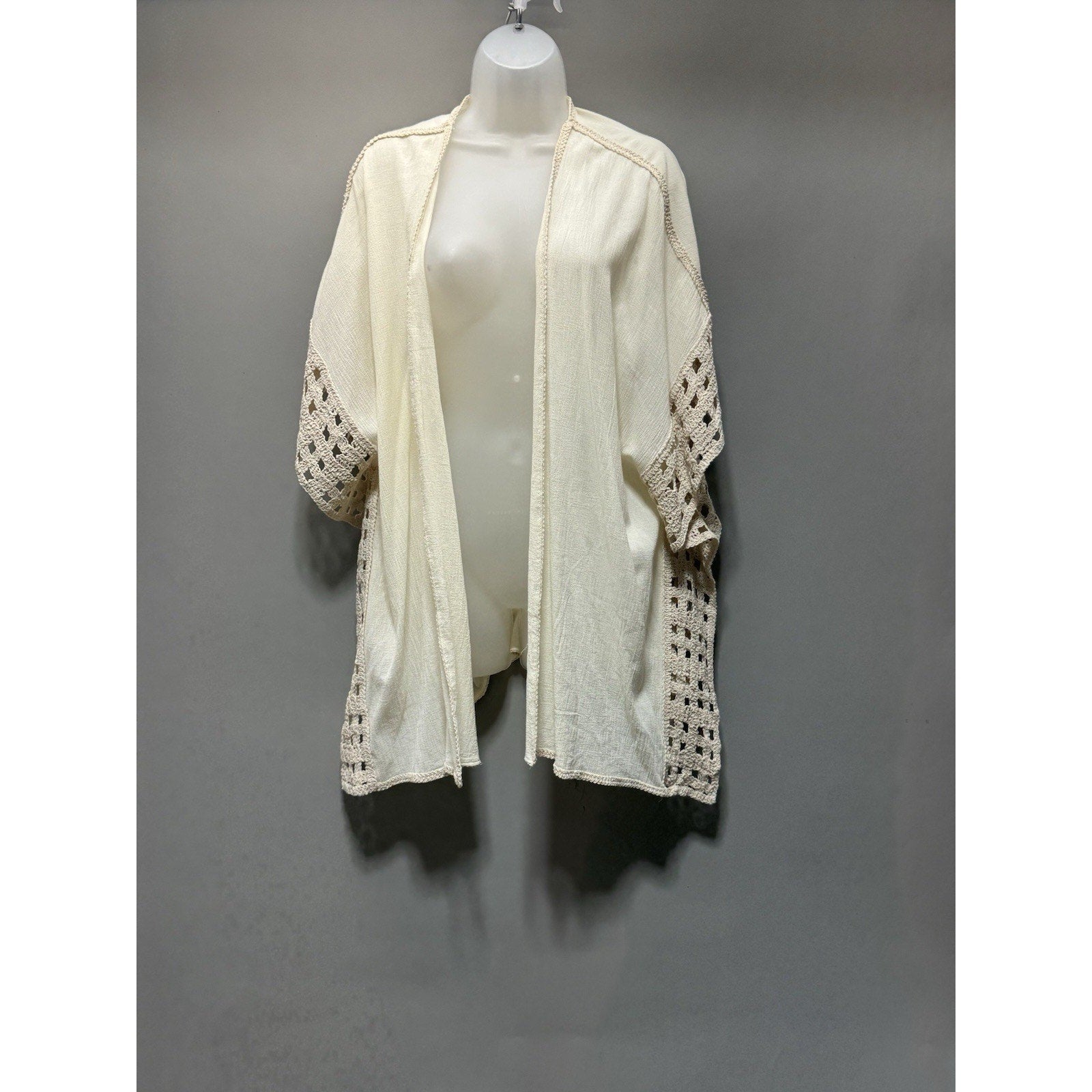 Krazy Kat Lace Kimono Cardigan XXL Beige Boho Open Front Crochet Trim Light New
