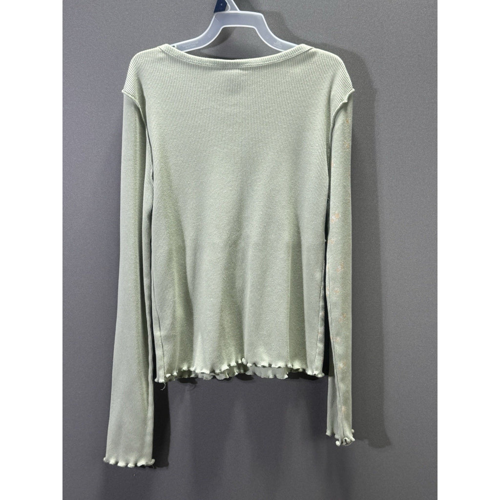 Art Class Girls 10/12 L Sage Green Floral Ribbed Top Lettuce Hem Long Sleeve