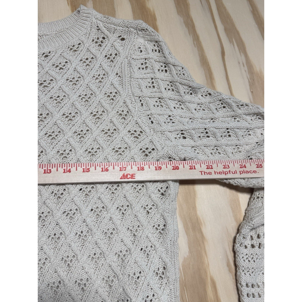 LOFT Women’s Large Cream Open Knit Sweater Bell Sleeve Boho Cotton Blend NWT