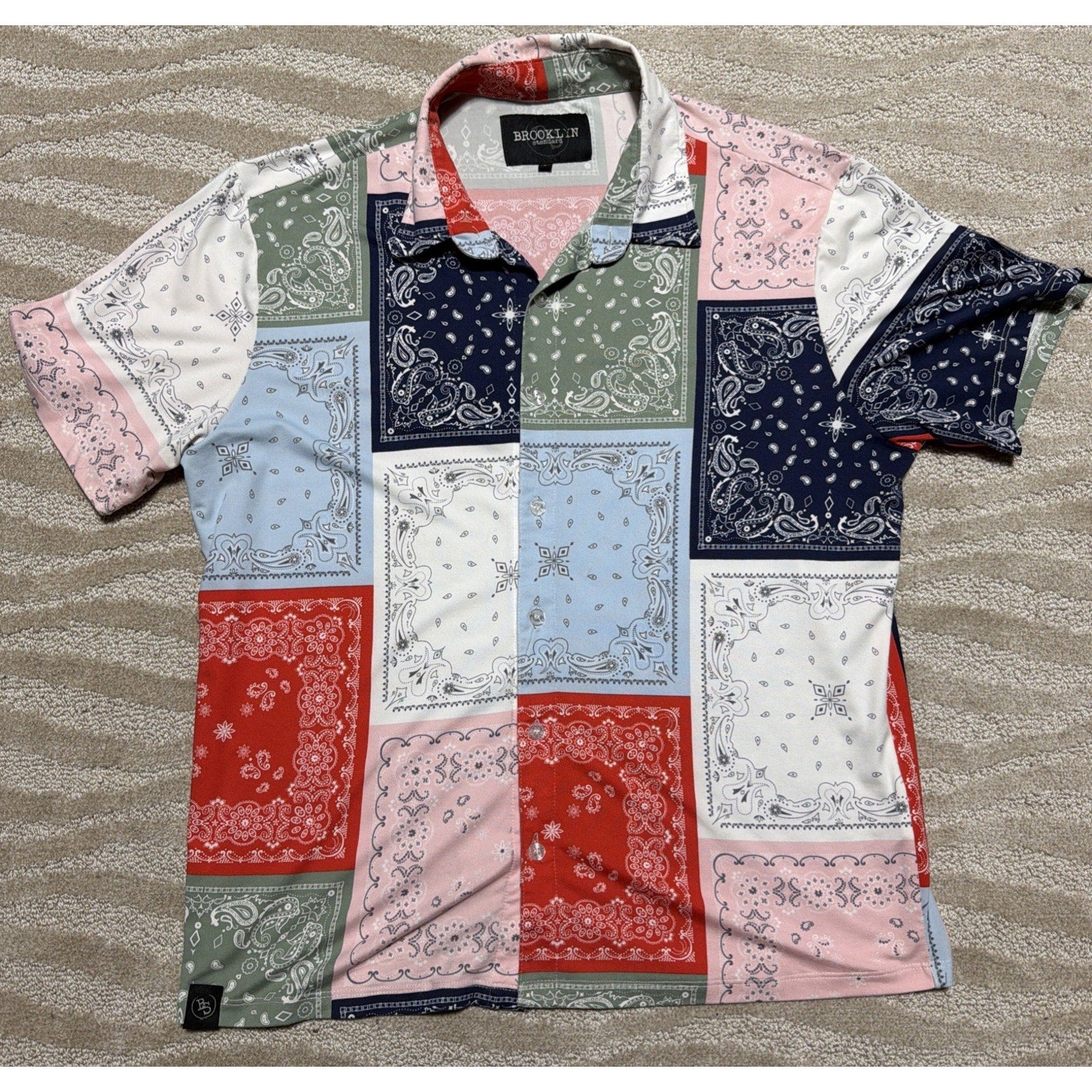 Brooklyn Standard Patchwork Paisley Bandana Mens Short Sleeve Shirt Button Up L