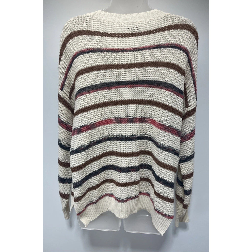 American Eagle Cream Striped Open Knit Relaxed Henley Sweater XS
