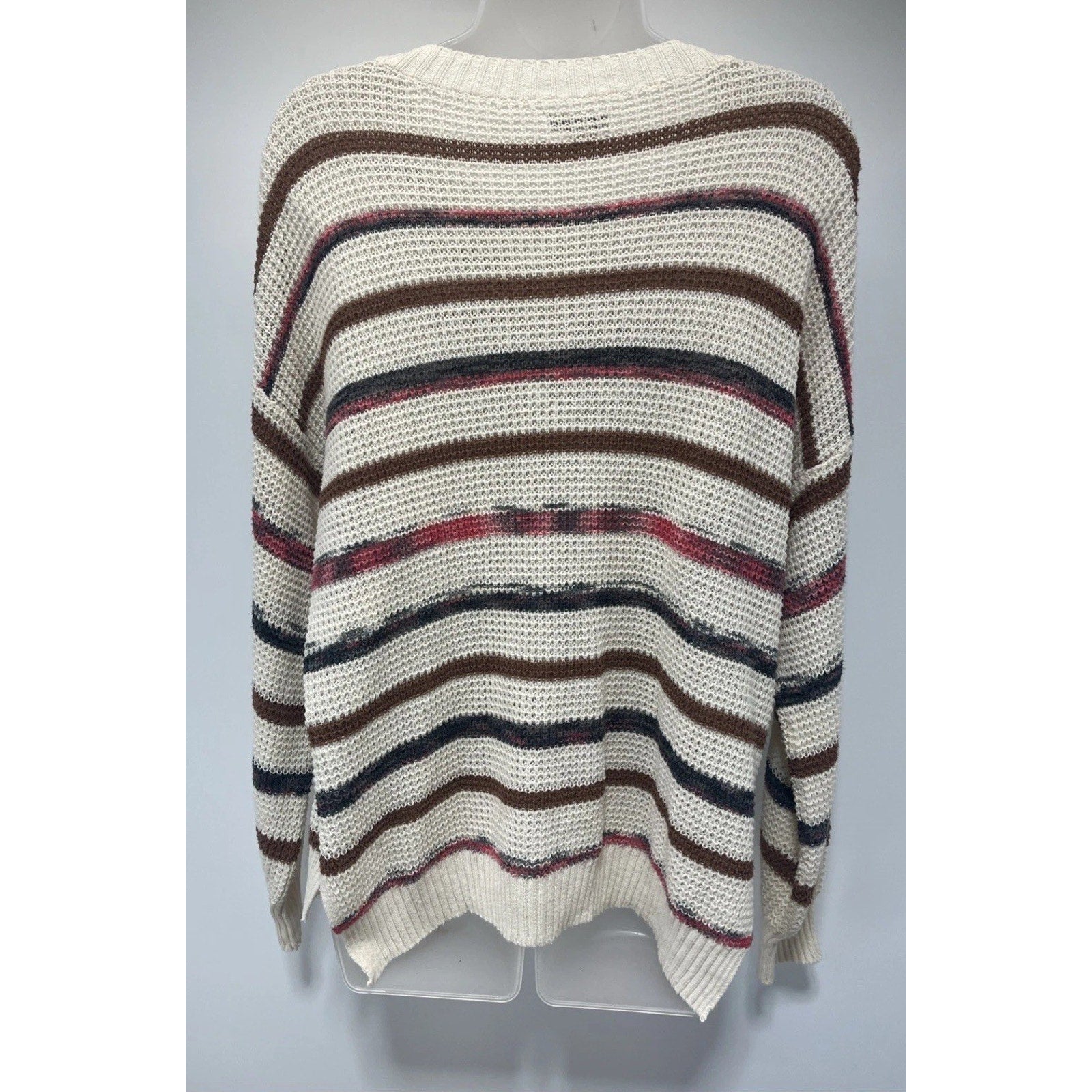 American Eagle Cream Striped Open Knit Relaxed Henley Sweater XS