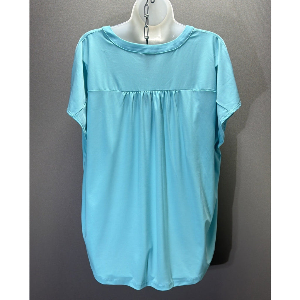 Jones New York Women Top Plus Size 1X Aqua Short Sleeve V Neck Blouse NWT