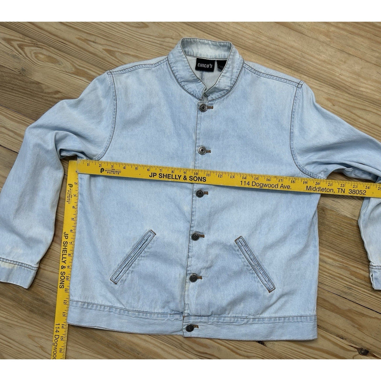 Chico's Woman's Blue Denim Button Up Long Sleeve Collar Cotton Jacket Top Medium