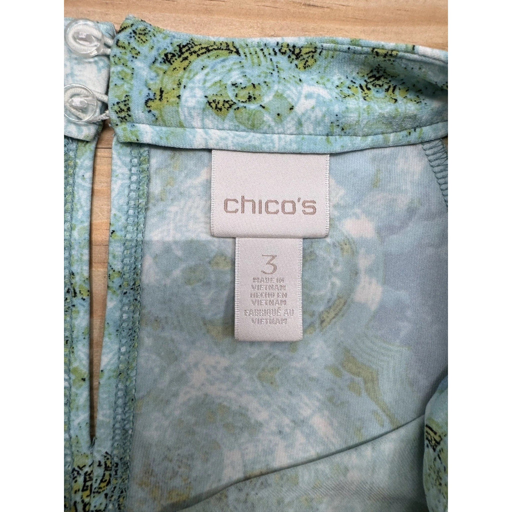 Chicos Cut Out Long Sleeves Beaded Neck Dress Aqua Print Size 3 (US XL)