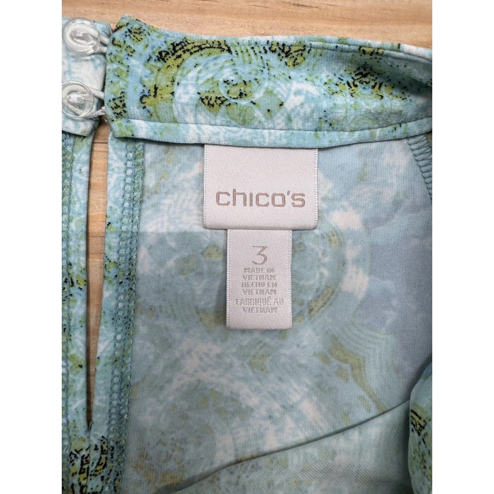 Chicos Cut Out Long Sleeves Beaded Neck Dress Aqua Print Size 3 (US XL)