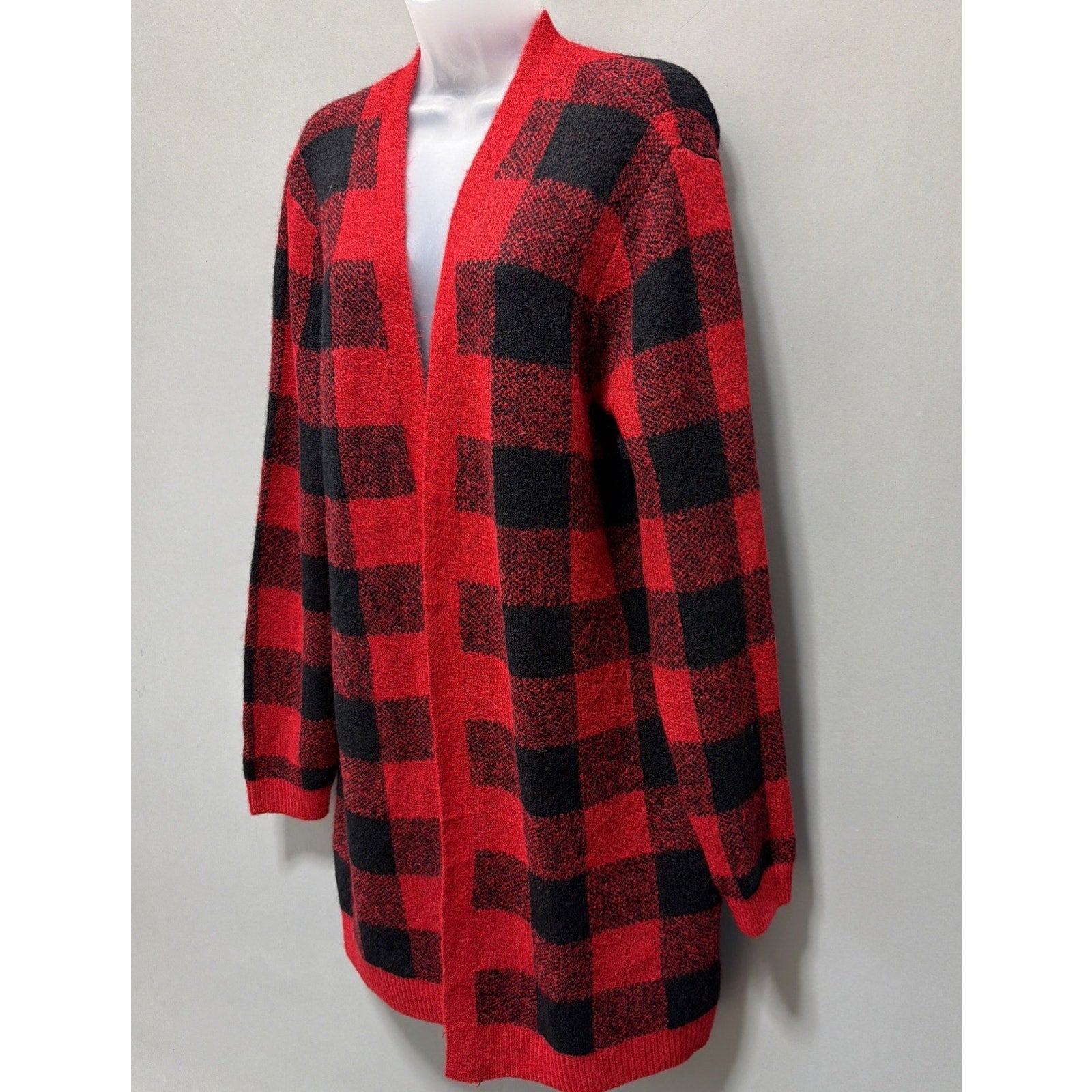 Old Navy Open Long Cardigan Sweater Dolman Sleeve Red Black Plaid Womens XL NWT
