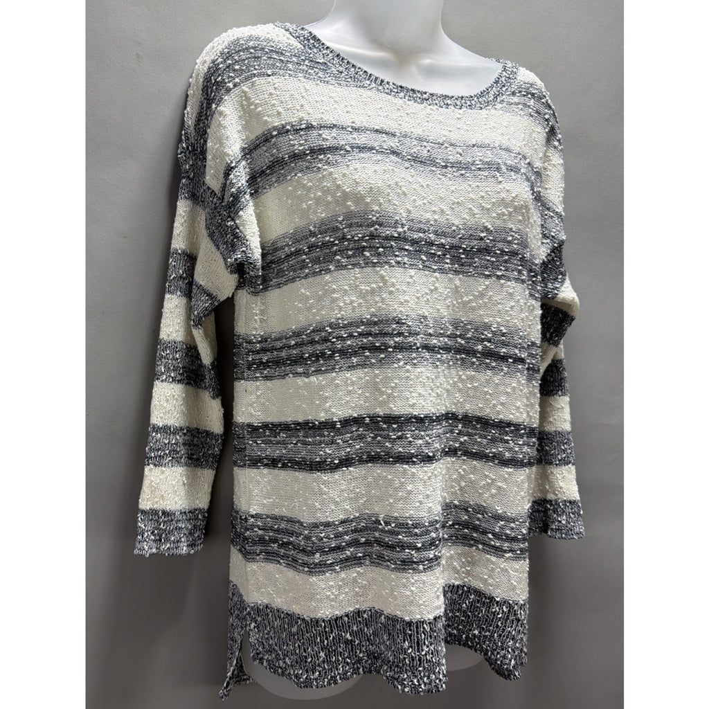 LOFT Women’s M Ivory Gray Striped Popcorn Knit Tunic Sweater Boat Neck Side Slit