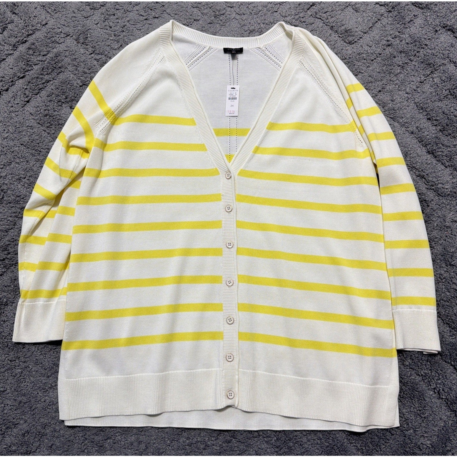Talbots cardigan sweater womens Plus 2X Striped V-Neck yellow white preppy NWT