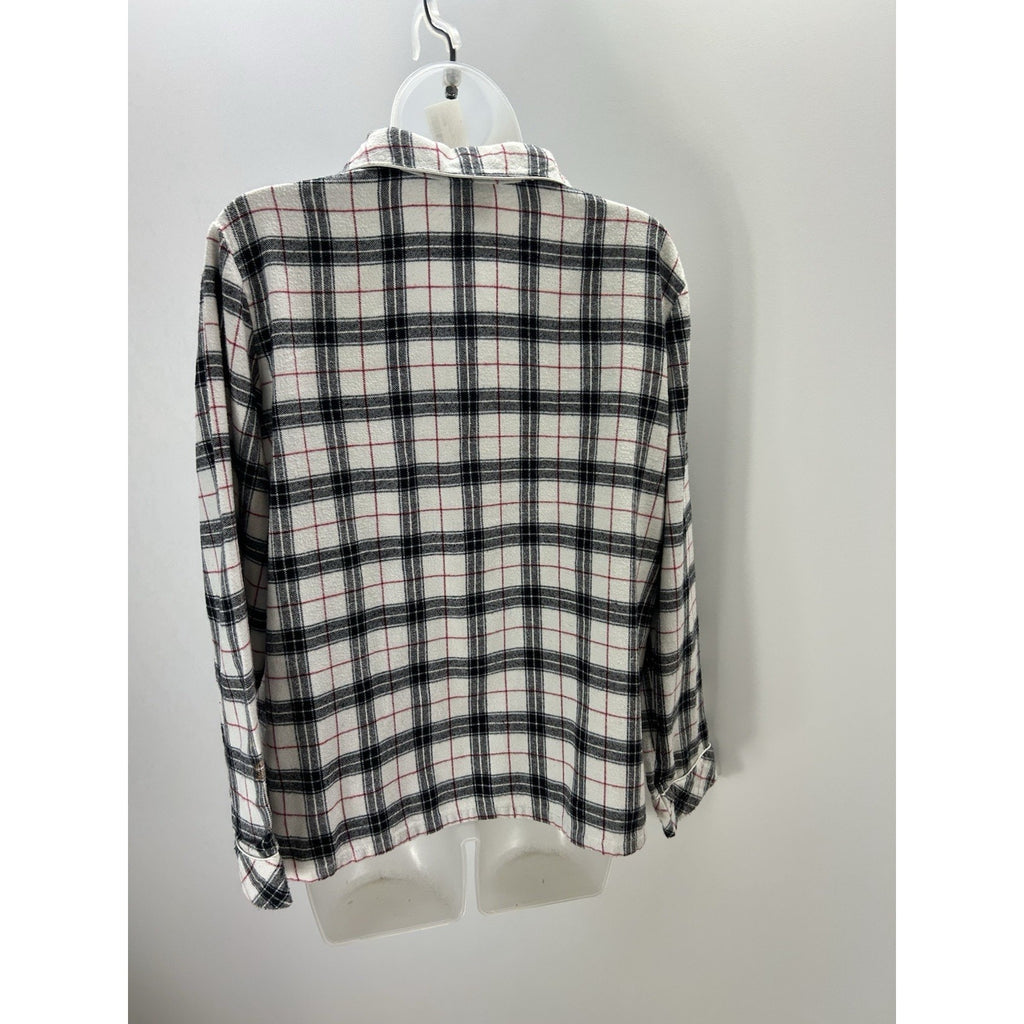 Croft & Barrow Women's Long Sleeve Plaid Shirt Gray White Size Medium M Top
