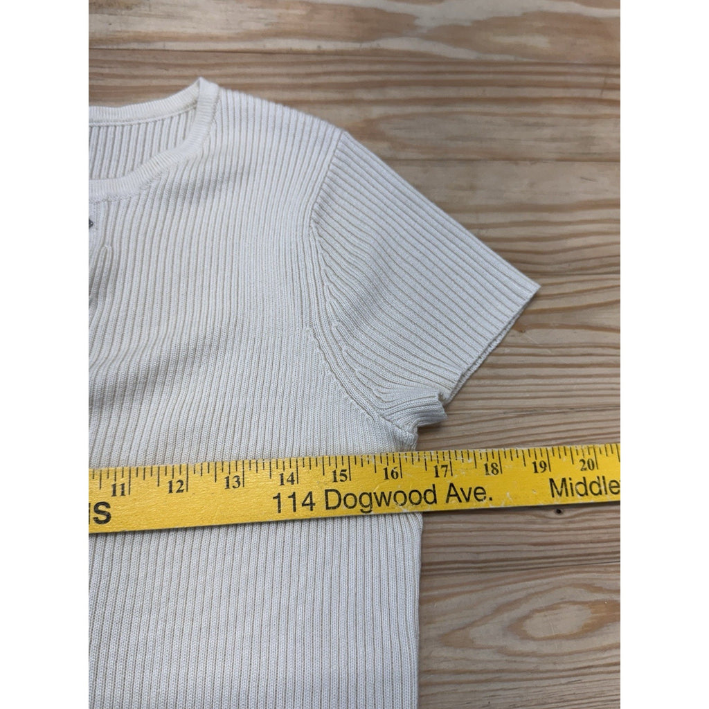 R.Q.T Women Top Size M Tan Brown Short Sleeve Silky Medal Collar Trim Stretch