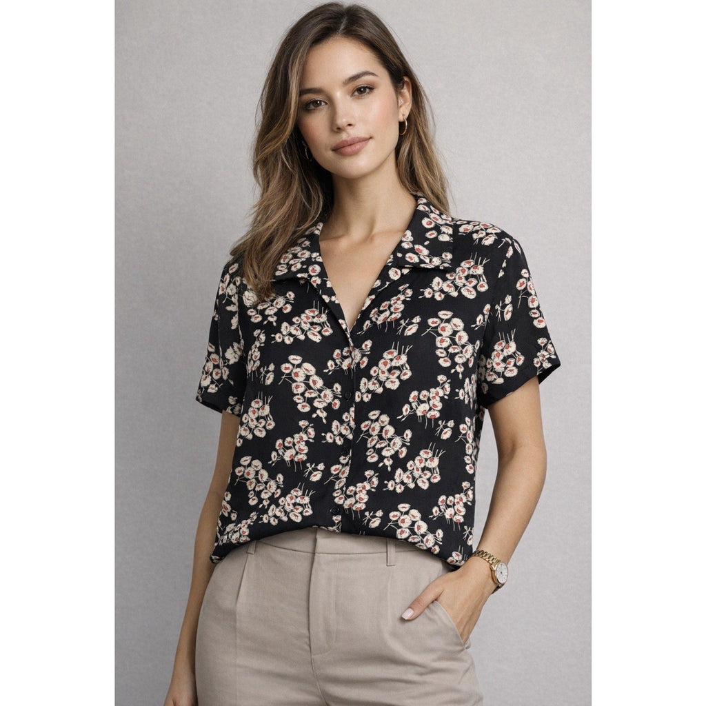 Jones New York Women’s 100% Silk Blouse Size 16 Black Floral Button Fits Small