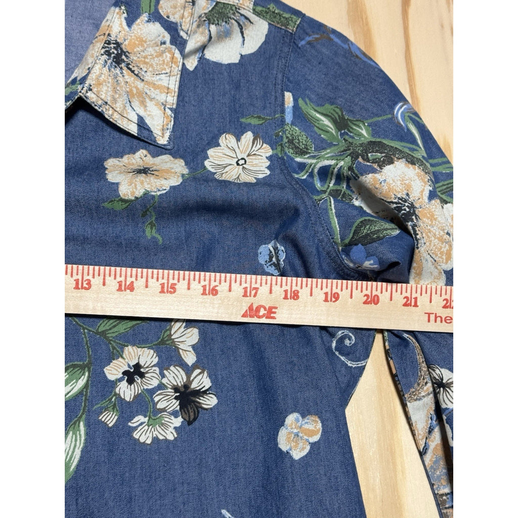 Women’s Chambray Floral Button Down Shirt Large Blue Cotton Rayon Lightweight