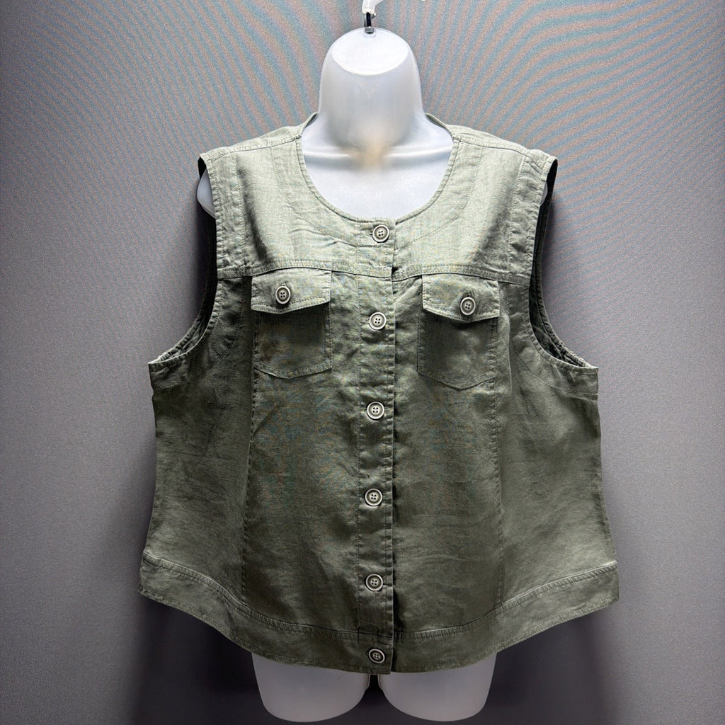 Chico's Linen Crochet Lace Back Vest 3 XL Olive Green Excellent Button Front