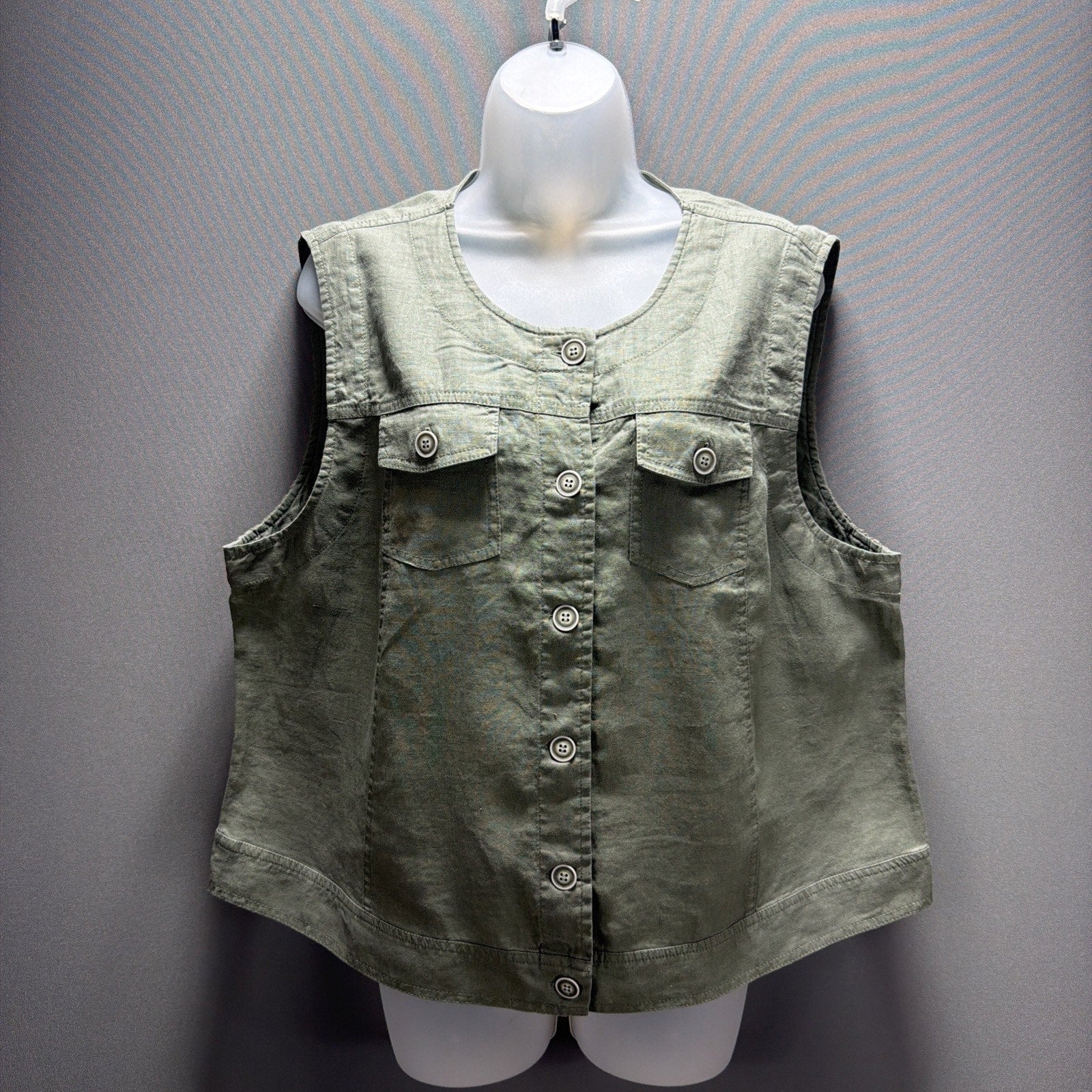 Chico's Linen Crochet Lace Back Vest 3 XL Olive Green Excellent Button Front