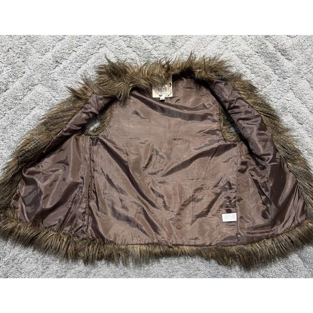 Urban Behavior Peace & Love Size L Brown Lined Faux Fur Vest Pockets