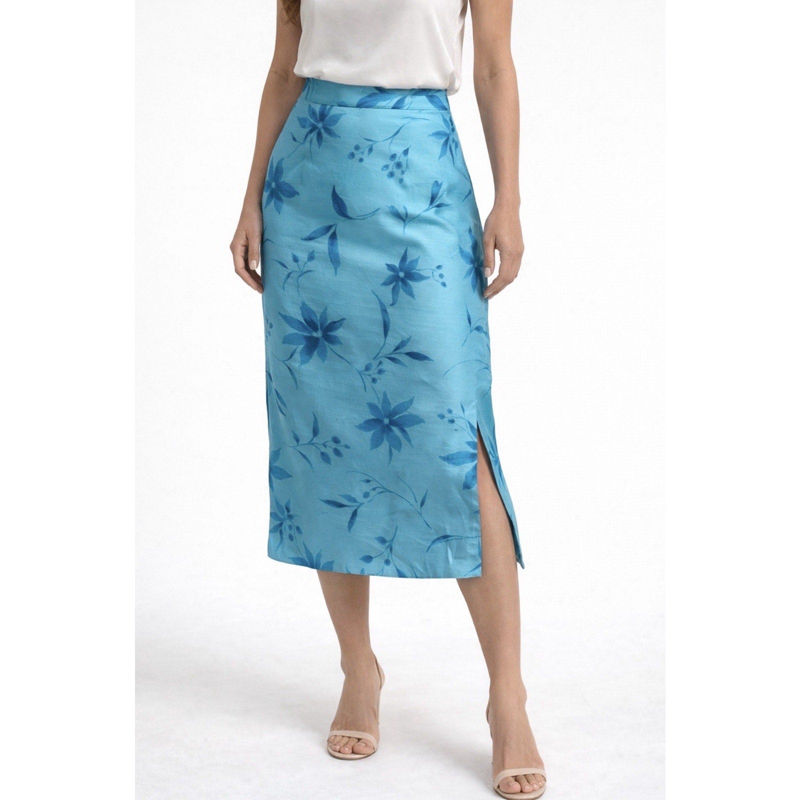 Jones New York Silk Skirt 10P Petite Blue Floral Midi Pencil Back Slit Lined