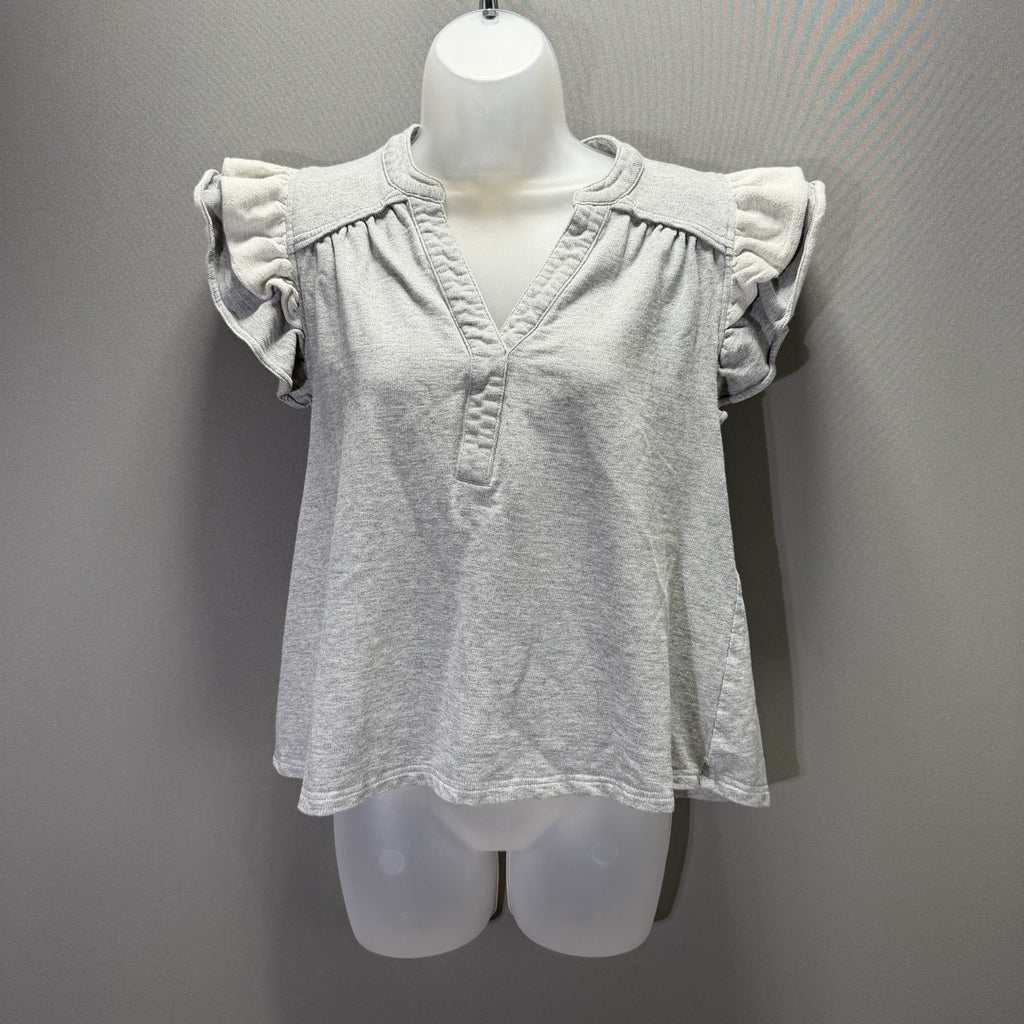 Umgee Women’s XS Gray Ruffle Sleeve Blouse Split Neck Casual Top